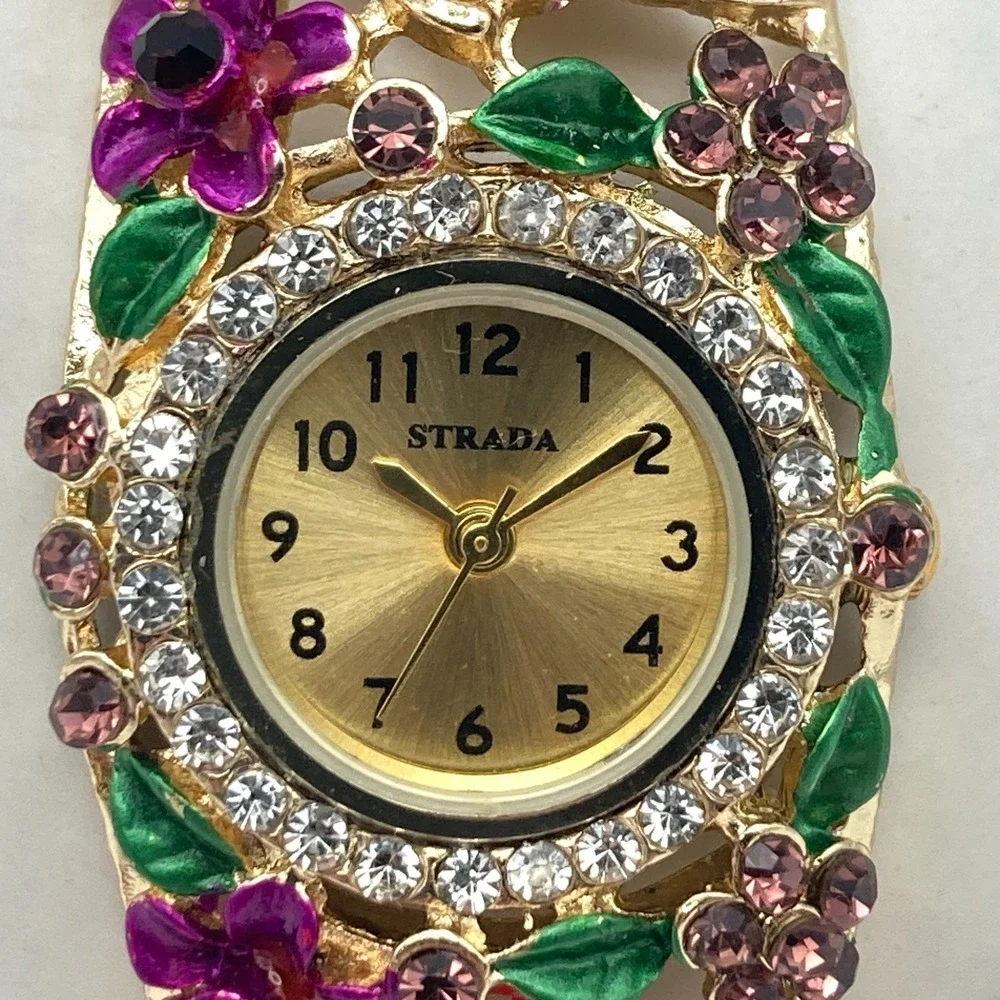 Strada Womens Watch Gold Tone Purple Floral Crystals Cuff 26mm New Battery 6.75